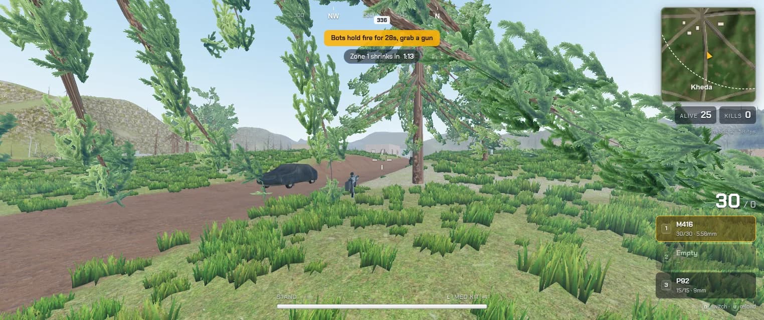 ShunyaScape gameplay: third-person view of a soldier aiming an M416 across a grassy field toward a town, with the battle royale HUD showing ammo, weapon slots, minimap and players alive