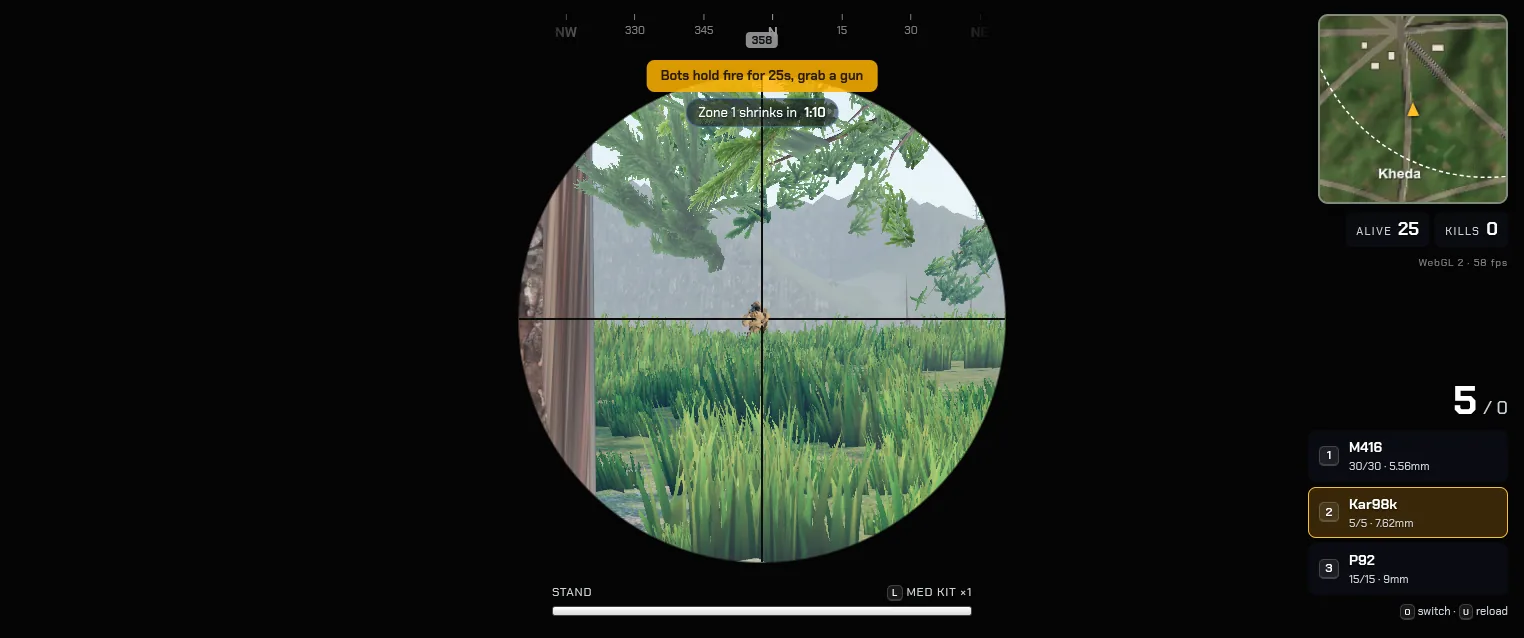 Looking through a Kar98k 4× scope at an enemy soldier standing on a hillside