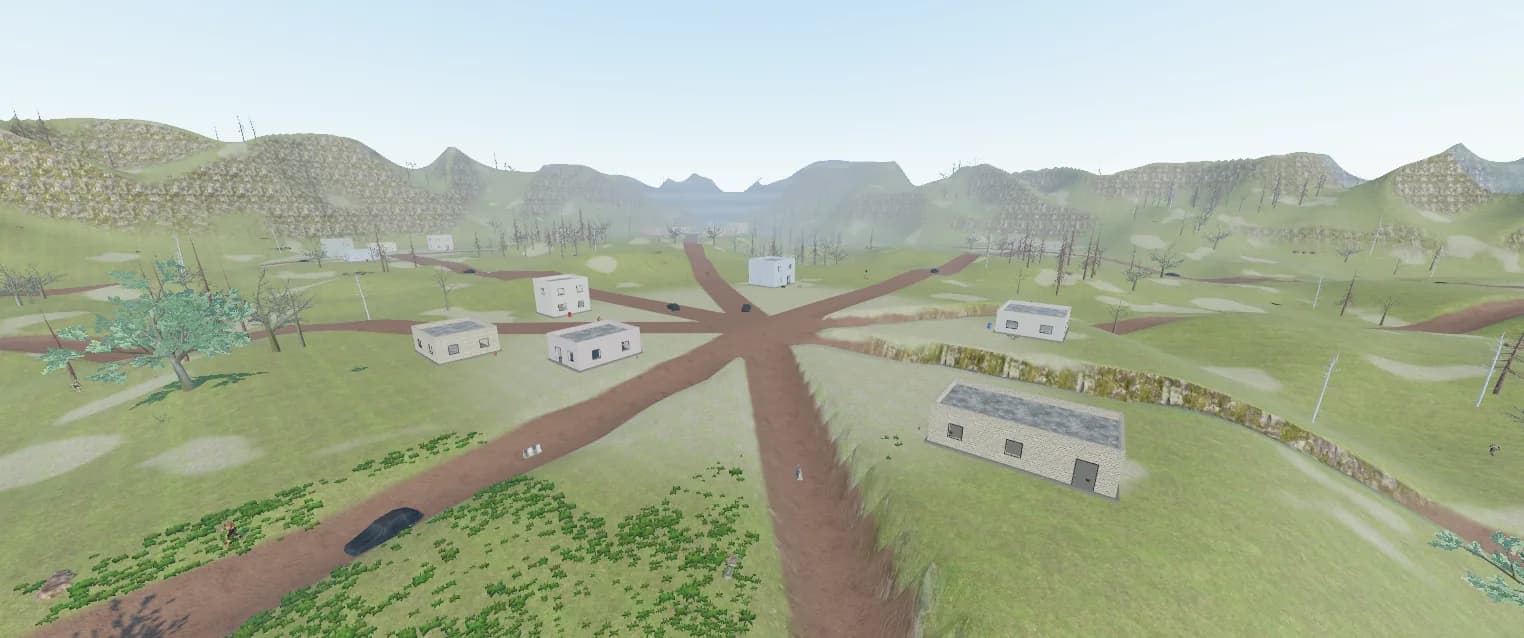 A town of plaster and brick houses with trees, crates and a dirt road on the ShunyaScape battleground